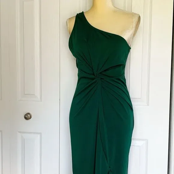 Women Night Gown Dress Large Green One Shoulder Ruffle Hem CHICME - Picture 6 of 16